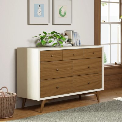 Babyletto Palma 7 Drawer Double Dresser - Warm White With Natural Walnut